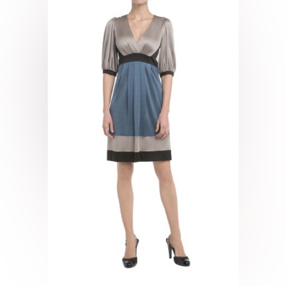BCBGMaxAzria Steel Blue and Taupe Colorblock V-Neck Midi Dress